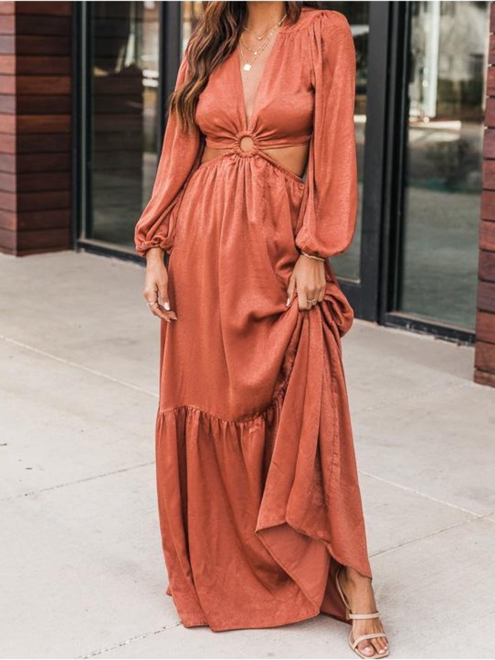 Altar'd State Rust Orange Ring-Detail Maxi Dress